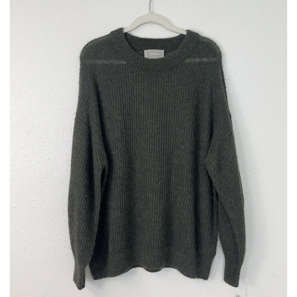 Everlane The Cocoon Crew in Alpaca Sweater Olive Green Semi Sheer Cozy Size XL
